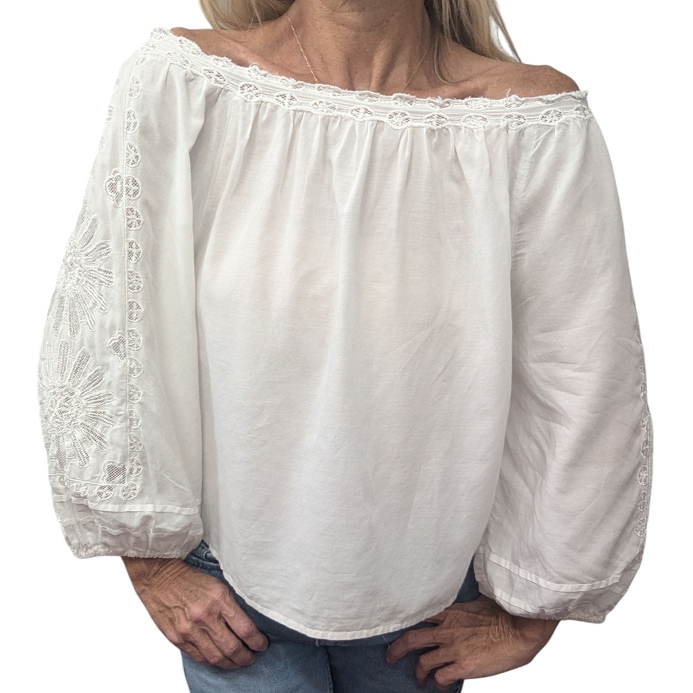 Leifsdottir Embroidered Boho Peasant Blouse XS White Off Shoulder Cottagecore